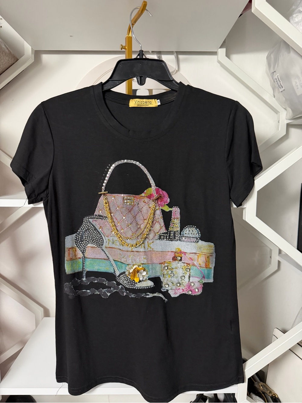 Embellished Black Graphic Tee with Rhinestone Purse & Shoes